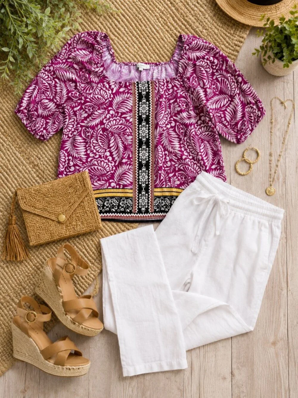 LOFT Brand Petite Palm Bubble Sleeve Square Neck Blouse Magenta/Multi Size LP